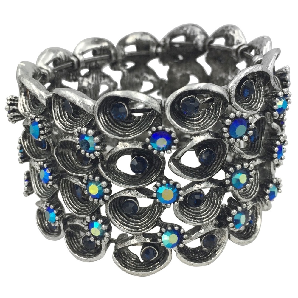 Wide Abstract Oval Iridescent Blue Rhinestone Cuff Bangle Bracelet